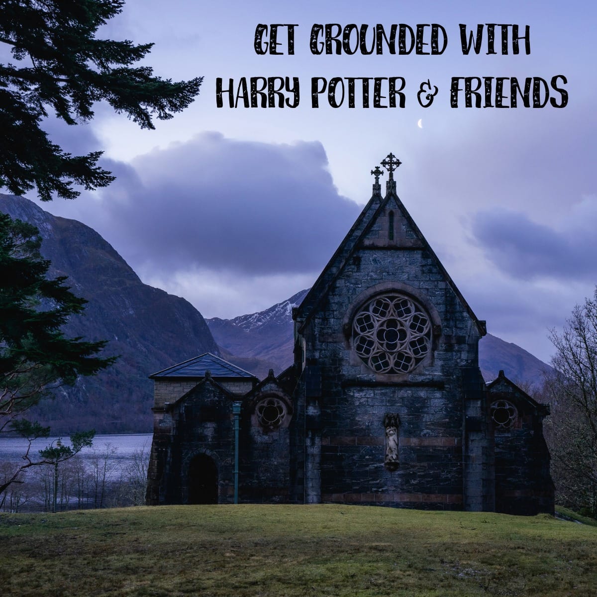 A dark stone chapel with intricate circular windows sits against a backdrop of misty mountains and a cloudy sky, evoking the magical world of Harry Potter.