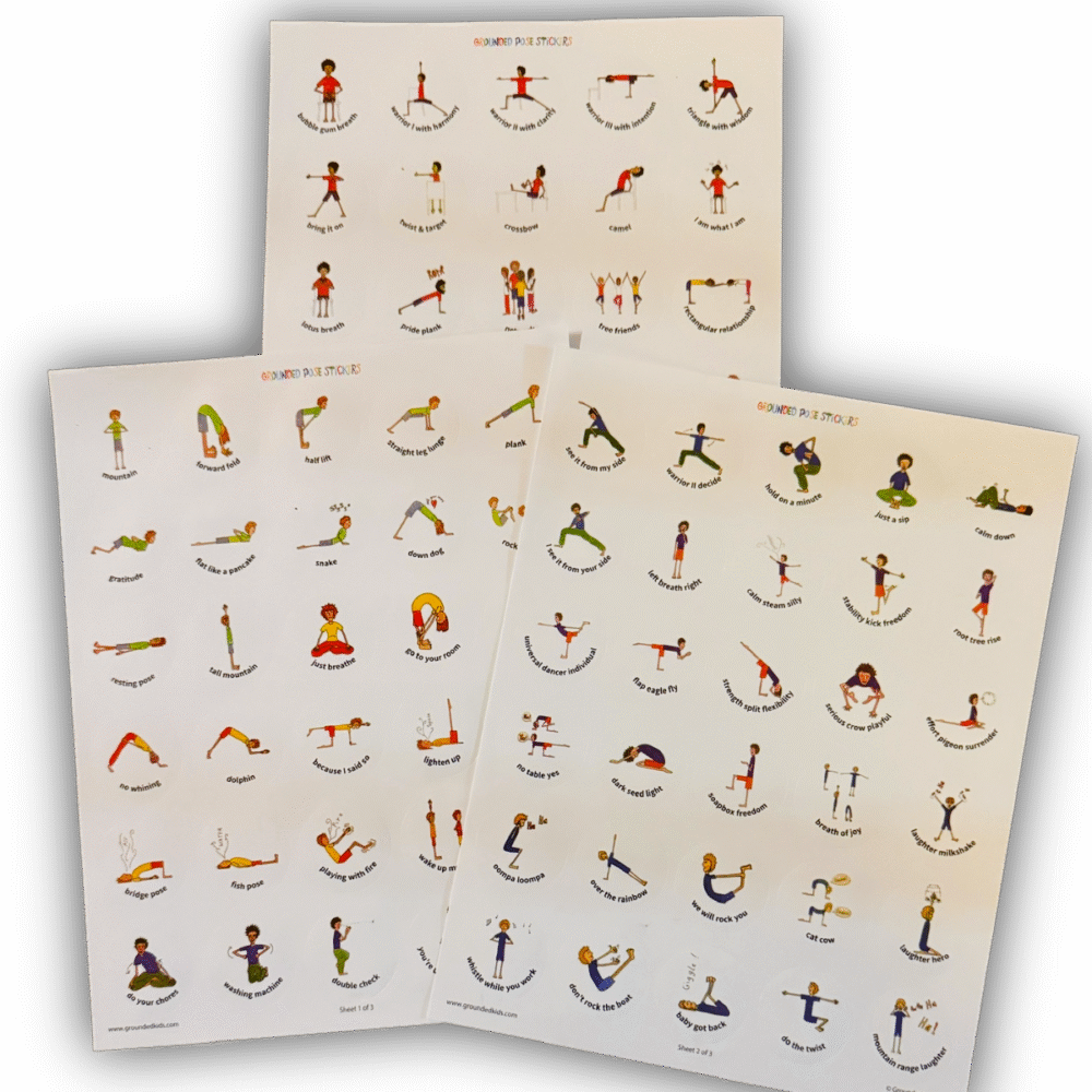 Kids yoga pose sticker set showing all 84 illustrated poses from the Grounded Kids Yoga method