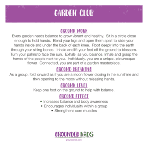 Violet Crown Chakra yoga pose card for kids themed around Garden Club