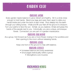 Violet Crown Chakra yoga pose card for kids themed around Garden Club