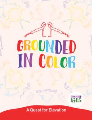 Grounded in Color kids yoga curriculum cover featuring a watercolor background and chakra-inspired typography