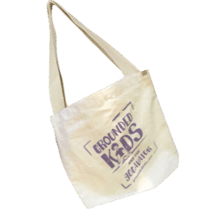 Grounded Kids Yoga branded canvas tote bag made by EcoBags, featuring sturdy handles and natural cotton fabric for carrying yoga supplies, teaching materials, or everyday items