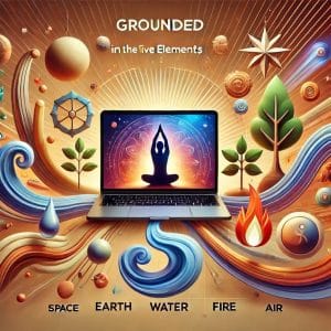 A vibrant promotional image for the 'Grounded in the Five Elements' webinar, featuring a laptop displaying the colorful Ego Eradicator yoga pose. Surrounding the laptop are artistic symbols representing Space, Earth, Water, Fire, and Air, including a swirling breeze, a stylized flame, a flowing wave, a leafy tree, and a cosmic star. The warm, inviting background highlights mindfulness, movement, and transformation.
