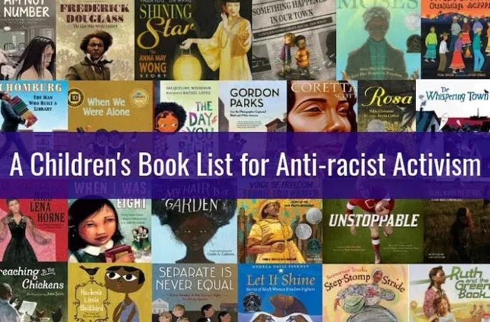Collage of anti-racist children’s books including Let It Shine, Separate Is Never Equal, and Hair Love.