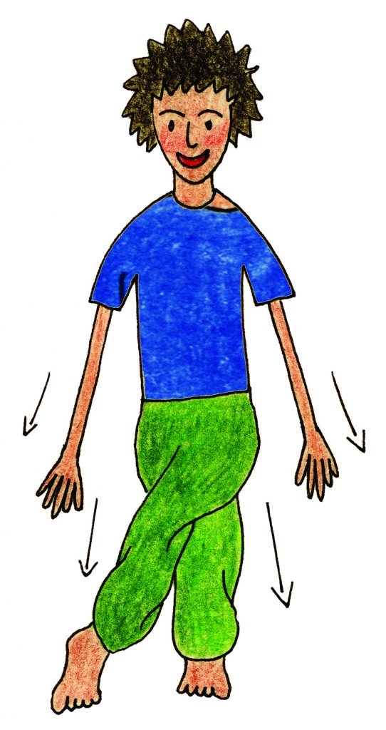 Drawing of a child walking with arms loose, with arrows pointing down