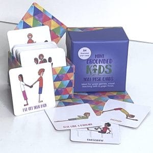 Mini Grounded Kids Yoga Pose Cards in colorful open box showing illustrated 2x2 cards