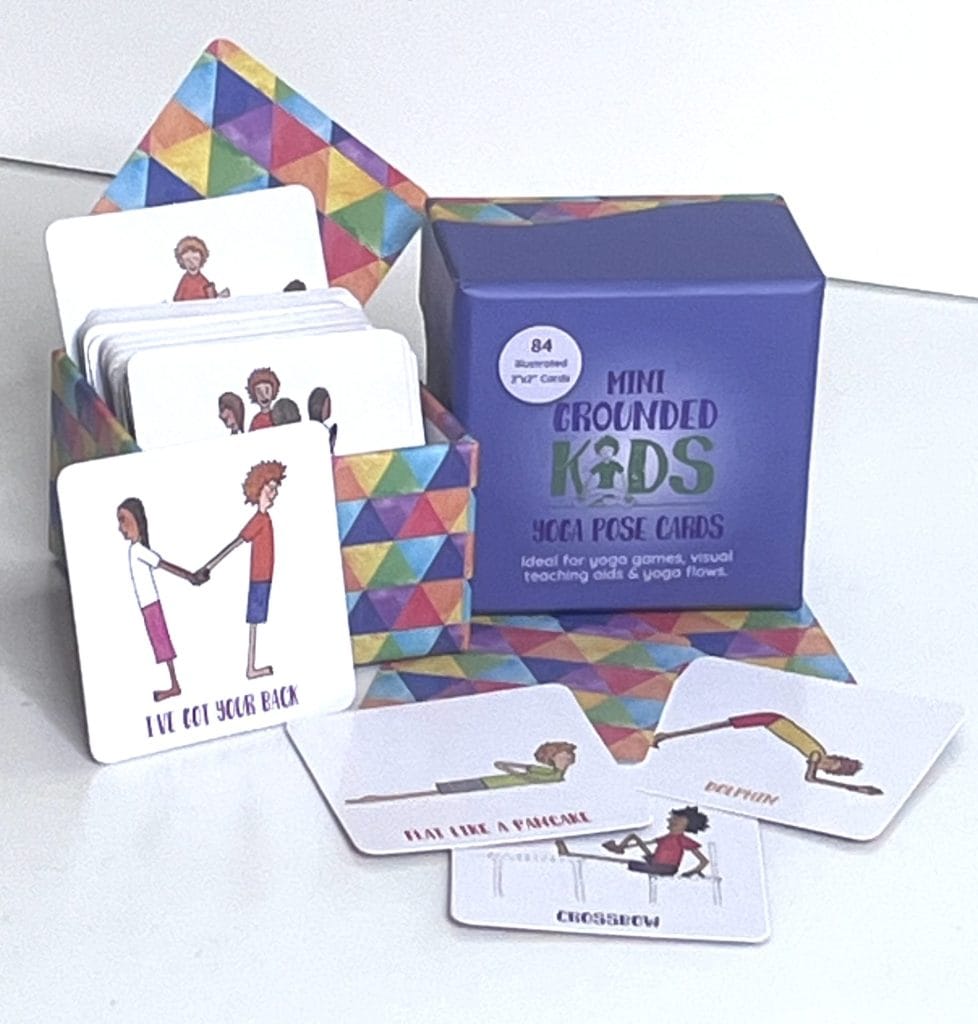Mini Grounded Kids Yoga Pose Cards in colorful open box showing illustrated 2x2 cards