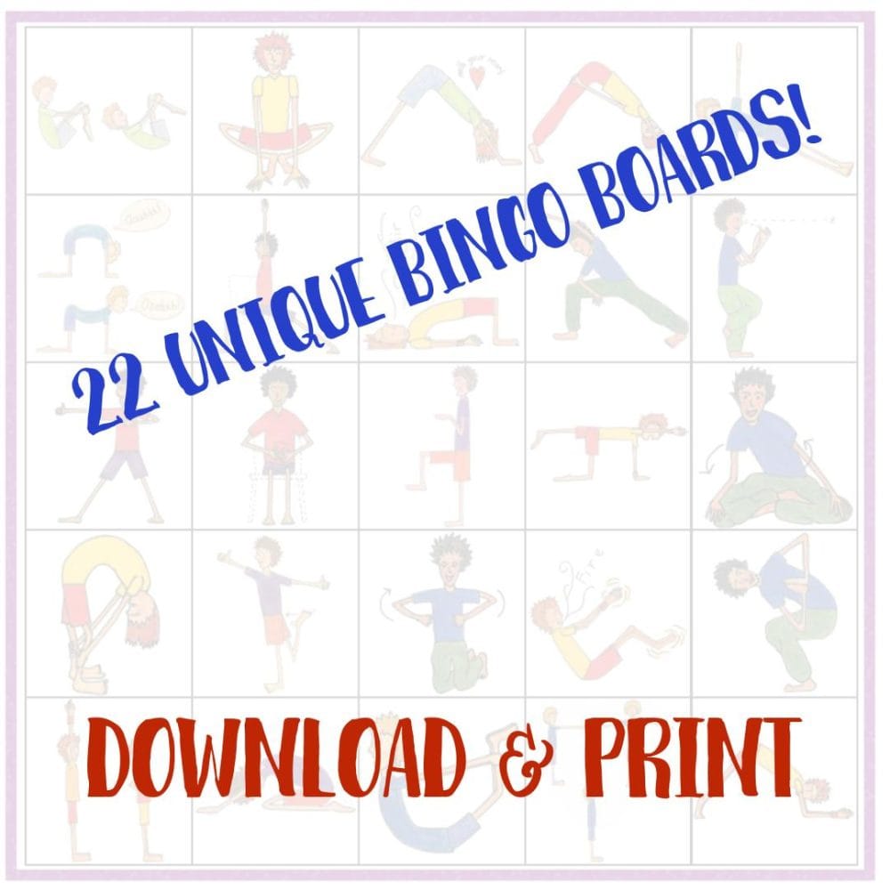 Downloadable kids yoga bingo boards cover showing 22 printable pose-based game boards