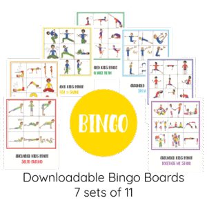 Printable yoga bingo boards for kids featuring colorful illustrations of yoga poses in 11 themed sets including Balance Beam, Twist and Shine, Solid Ground, and more.