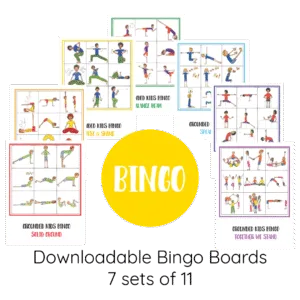 Printable yoga bingo boards for kids featuring colorful illustrations of yoga poses in 11 themed sets including Balance Beam, Twist and Shine, Solid Ground, and more.