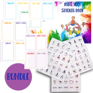 Cover image of the Kids Yoga Sticker Book Bundle showing chakra-colored sticker pages, pose icons, and colorful workbook for tracking learning and movement progress