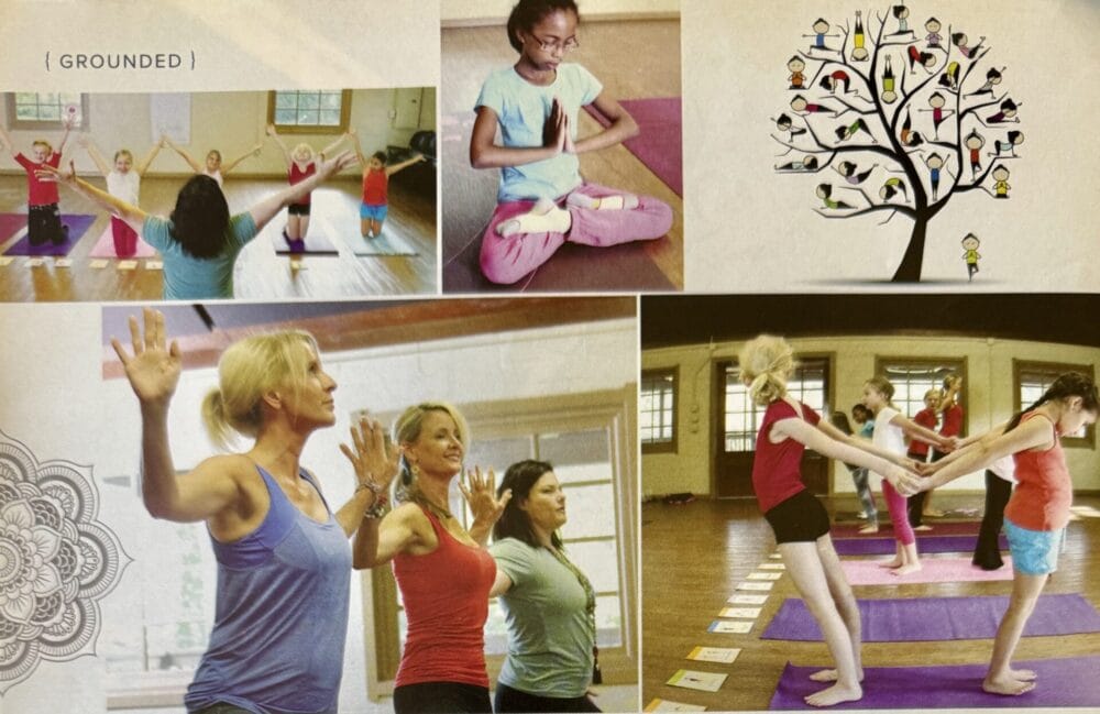 Children and adults practicing yoga together in a studio, part of Grounded Kids Yoga’s featured program in Points North Magazine.