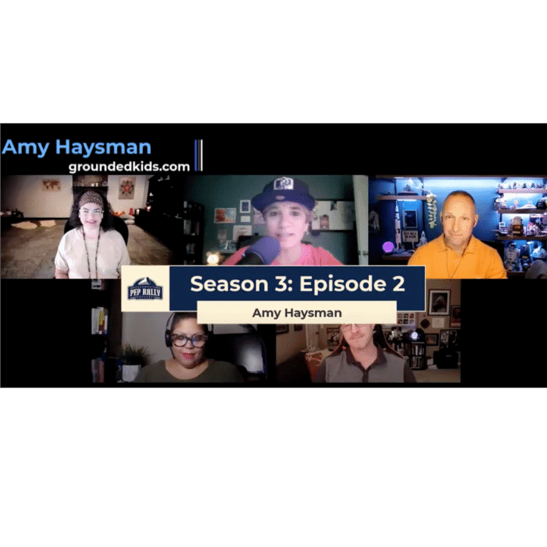 Screenshot of Amy Haysman speaking on The Teachers Pep Rally Podcast with five other panelists during Season 3, Episode 2
