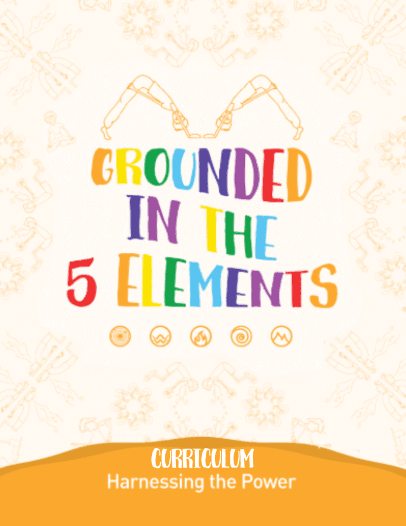 Grounded Kids Yoga 5 Elements Curriculum cover with rainbow title and light chakra mandala background