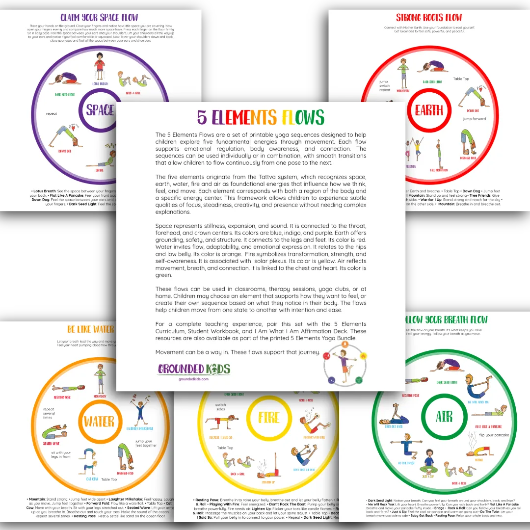 Preview collage of five printable kids yoga flow sequences based on the elements earth, water, fire, air, and space. Includes a centered introduction page with color-coded flow wheels.