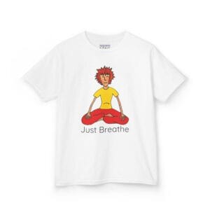 Kids yoga shirt with Just Breathe pose illustration on front