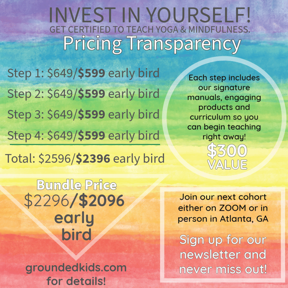 Grounded Kids Yoga transparent pricing chart for certification program, showing early bird discounts for each training step and bundle savings