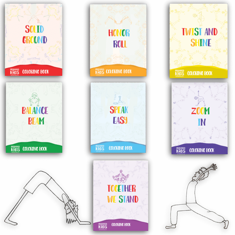 Seven Grounded Kids Yoga coloring books displayed by sequence: Solid Ground, Honor Roll, Twist and Shine, Balance Beam, Speak Easy, Zoom In, and Together We Stand