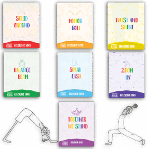 Seven Grounded Kids Yoga coloring books displayed by sequence: Solid Ground, Honor Roll, Twist and Shine, Balance Beam, Speak Easy, Zoom In, and Together We Stand