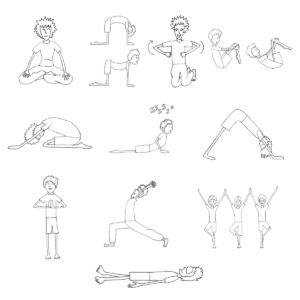 Illustrated grid showing 11 beginner yoga poses from the Pre-Grounded Coloring Book for preschoolers