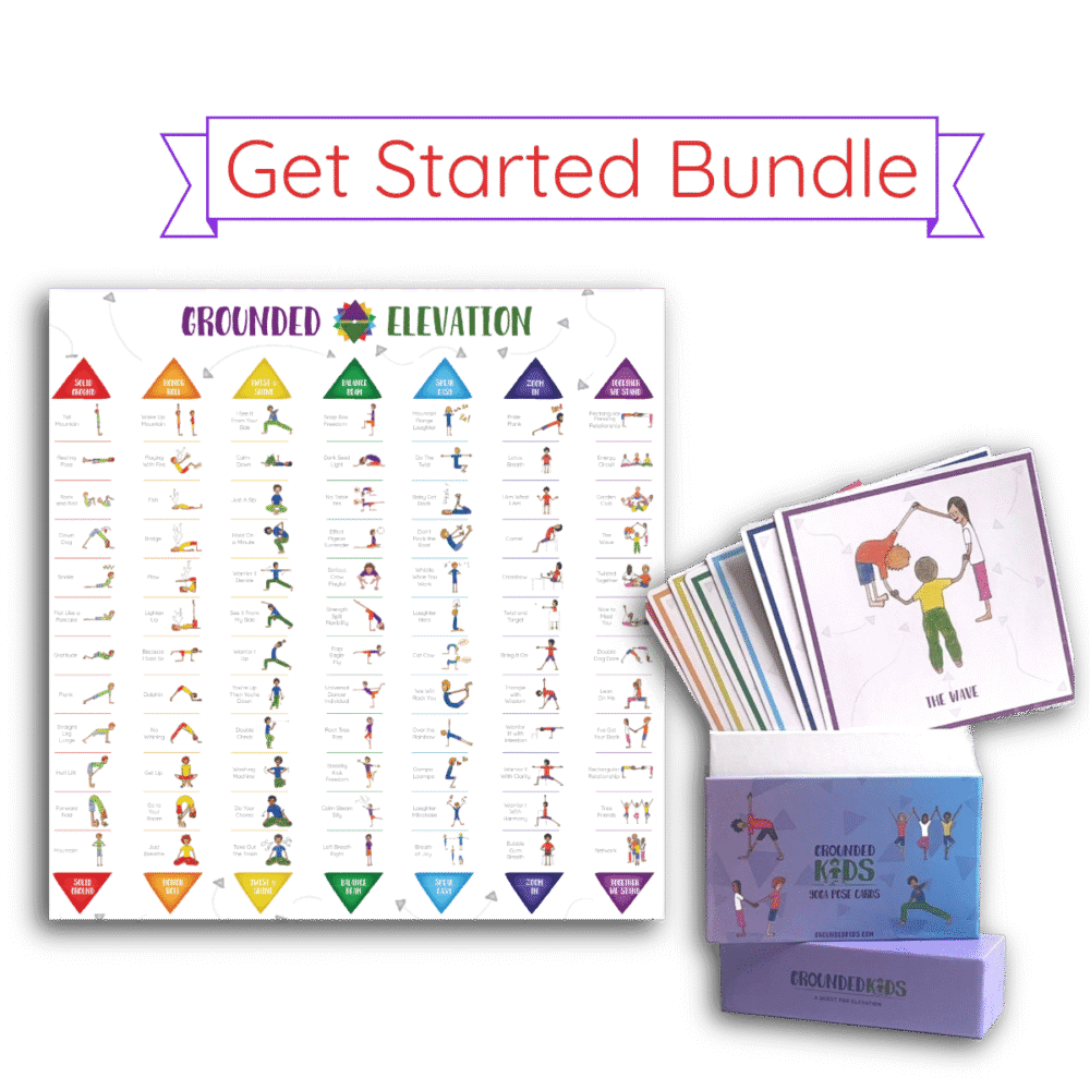 Grounded Kids Yoga Get Started Bundle with Elevation pose poster and 6x6 illustrated pose card deck