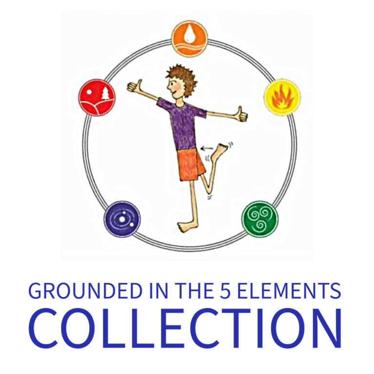 Child practicing yoga with elemental symbols for Earth, Water, Fire, Air, and Space surrounding them – part of the Grounded in the 5 Elements Collection