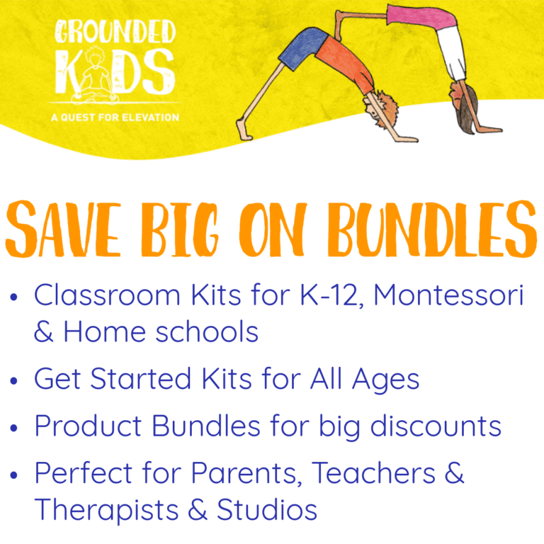 Two children practicing a partner yoga pose with bold text that says “Save Big on Bundles” for classroom and homeschool yoga kits