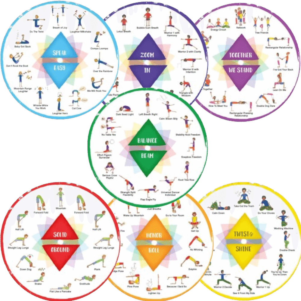 Chakra-colored yoga pose posters from Grounded Kids Yoga showing 84 poses organized by theme and sequence