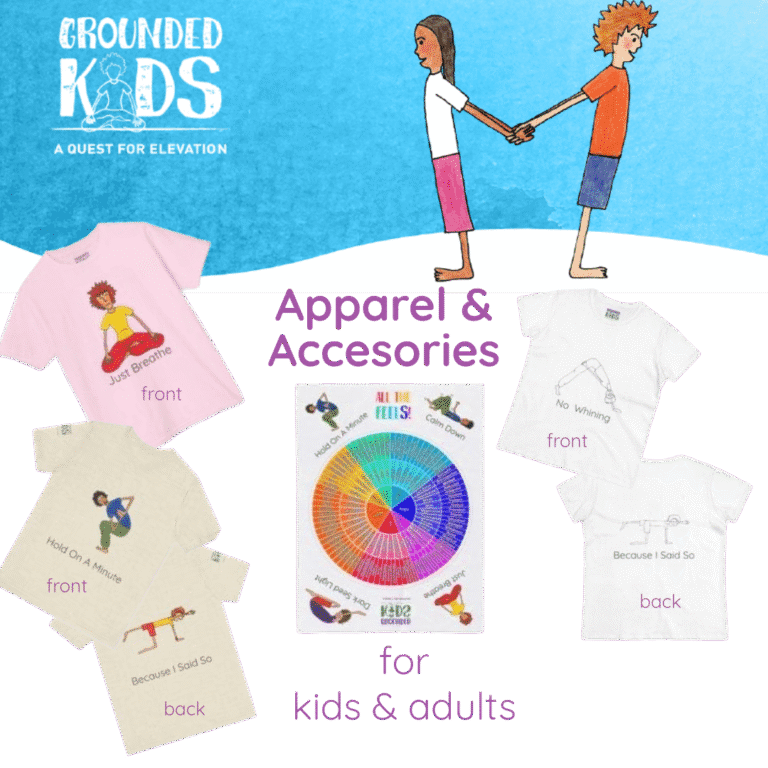 Grounded Kids apparel and accessories collection featuring t-shirts, tote bags, and feelings wheel for kids and adults