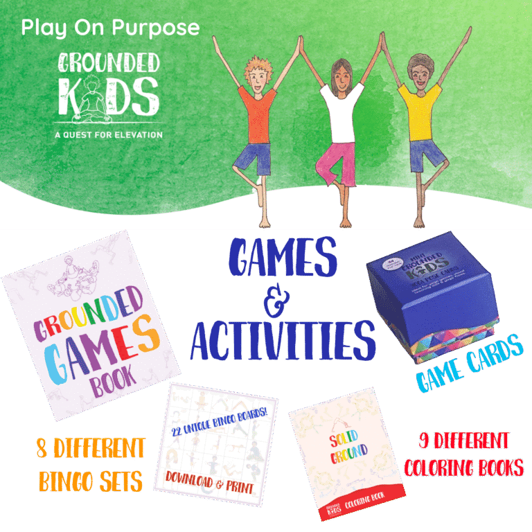 Grounded Kids Yoga Games and Activities including games book, bingo boards, pose cards, and printable coloring books