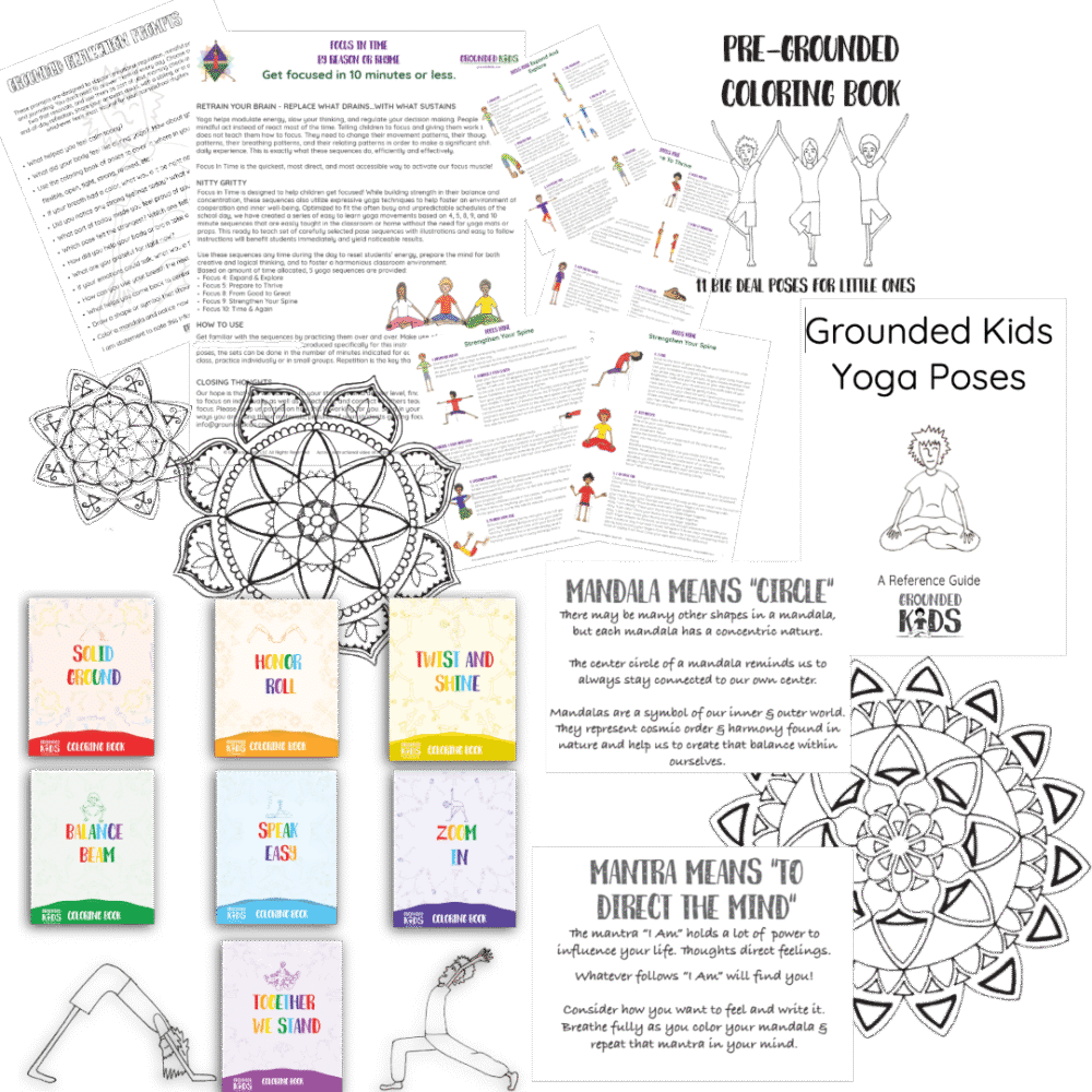 Printable homeschool yoga and mindfulness bundle showing pose index, chakra coloring books, SEL reflection prompts, and breathwork sequences