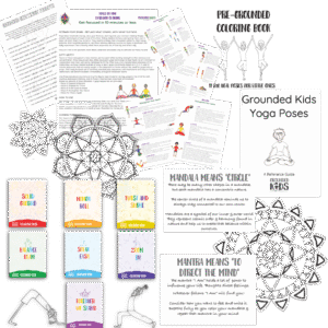 Printable homeschool yoga and mindfulness bundle showing pose index, chakra coloring books, SEL reflection prompts, and breathwork sequences