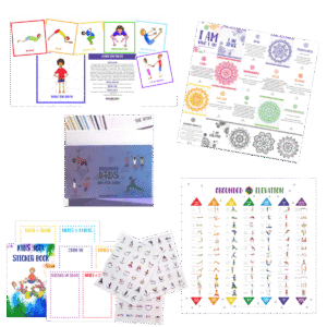 Homeschool yoga starter pack with 6x6 pose cards, affirmation deck, sticker set, sticker book, and 14x14 yoga pose poster