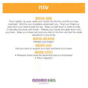 Kids yoga pose card for the Sacral Chakra with Plow pose and instructions