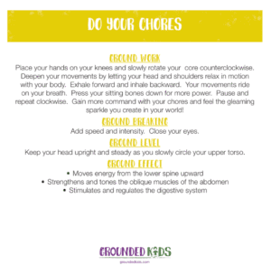 Yellow kids yoga card for Solar Plexus Chakra with Do Your Chores pose and teaching cues