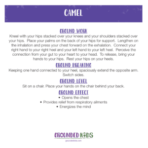 Indigo kids yoga card for Third Eye Chakra featuring Camel pose