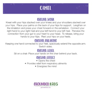 Indigo kids yoga card for Third Eye Chakra featuring Camel pose