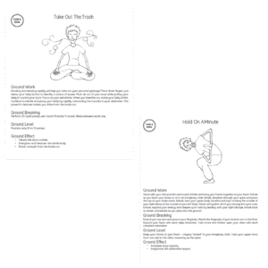 Sample pages showing “Take Out The Trash” and “Hold On A Minute” poses with energizing breathwork and grounding twists.