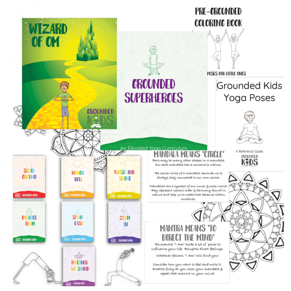 Main product image showing printable kids yoga resources including pose index, superhero and wizard curriculum units, and chakra-themed coloring books