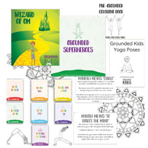 Main product image showing printable kids yoga resources including pose index, superhero and wizard curriculum units, and chakra-themed coloring books