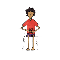 Cartoon person seated with hands on belly, inhaling deeply as if blowing a bubble