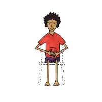 Cartoon person seated with hands on belly, inhaling deeply as if blowing a bubble