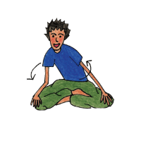 Cartoon person rotating their upper body in a yoga pose