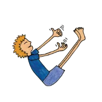 Cartoon person leaning back in a boat pose with arms and legs raised, thumbs up and hands shaking