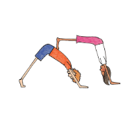 Two children in stacked Downward Dog, one in traditional pose and the other balanced on top with hands and feet on the lower child's back