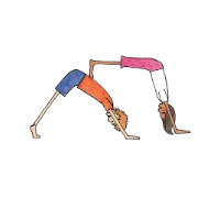 Two children in stacked Downward Dog, one in traditional pose and the other balanced on top with hands and feet on the lower child's back