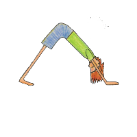 Cartoon person in Downward Dog with arms and legs extended, hips lifted high, and the phrase “melt your heart” above a red heart