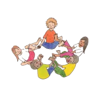 Six children seated in a circle with feet touching and hands connected, forming a playful group flower pose