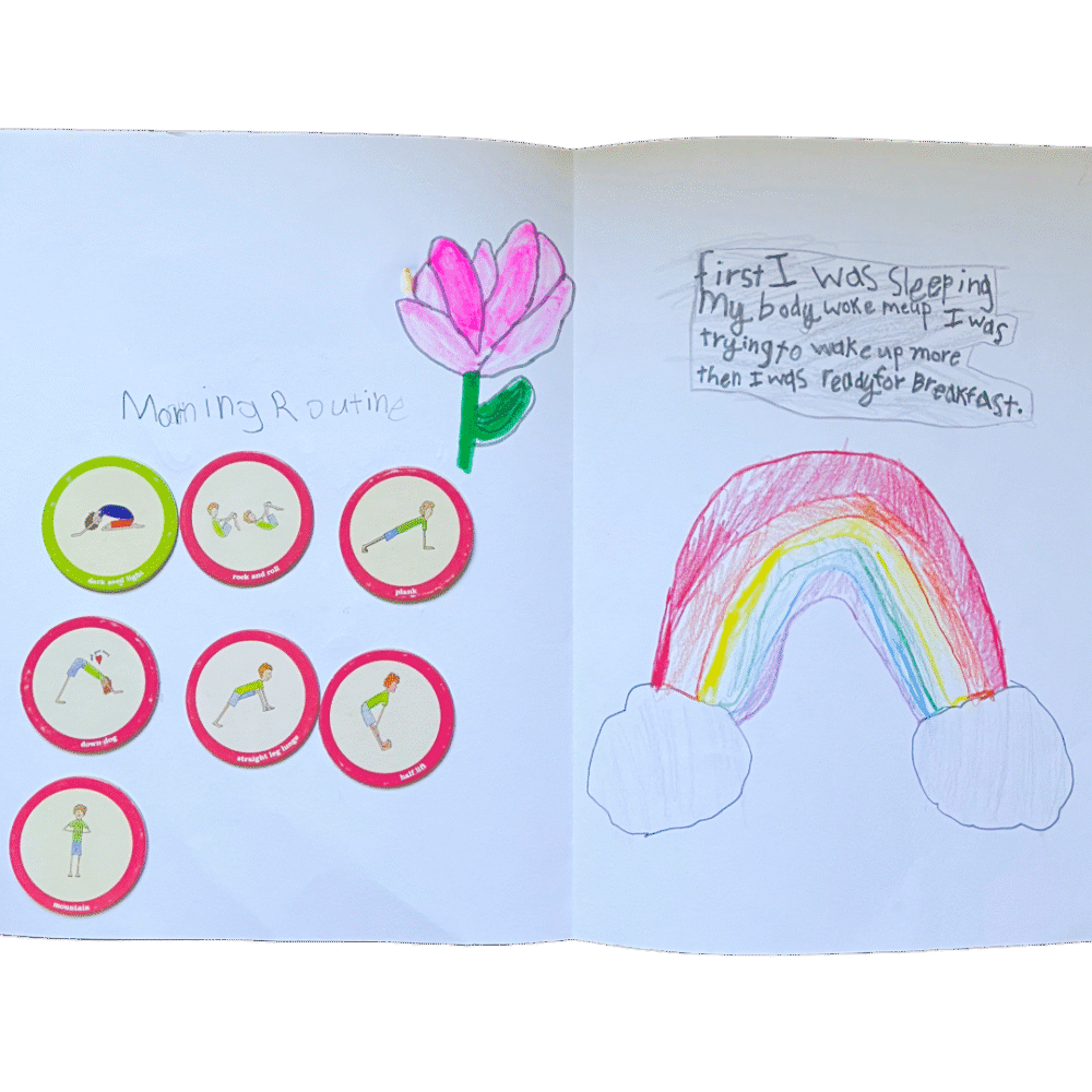 A child’s yoga journal shows a morning routine using Grounded Kids Yoga pose stickers with a rainbow drawing, flower, and handwritten reflection on waking up and preparing for the day