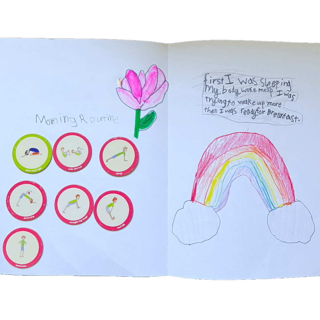 A child’s yoga journal shows a morning routine using Grounded Kids Yoga pose stickers with a rainbow drawing, flower, and handwritten reflection on waking up and preparing for the day